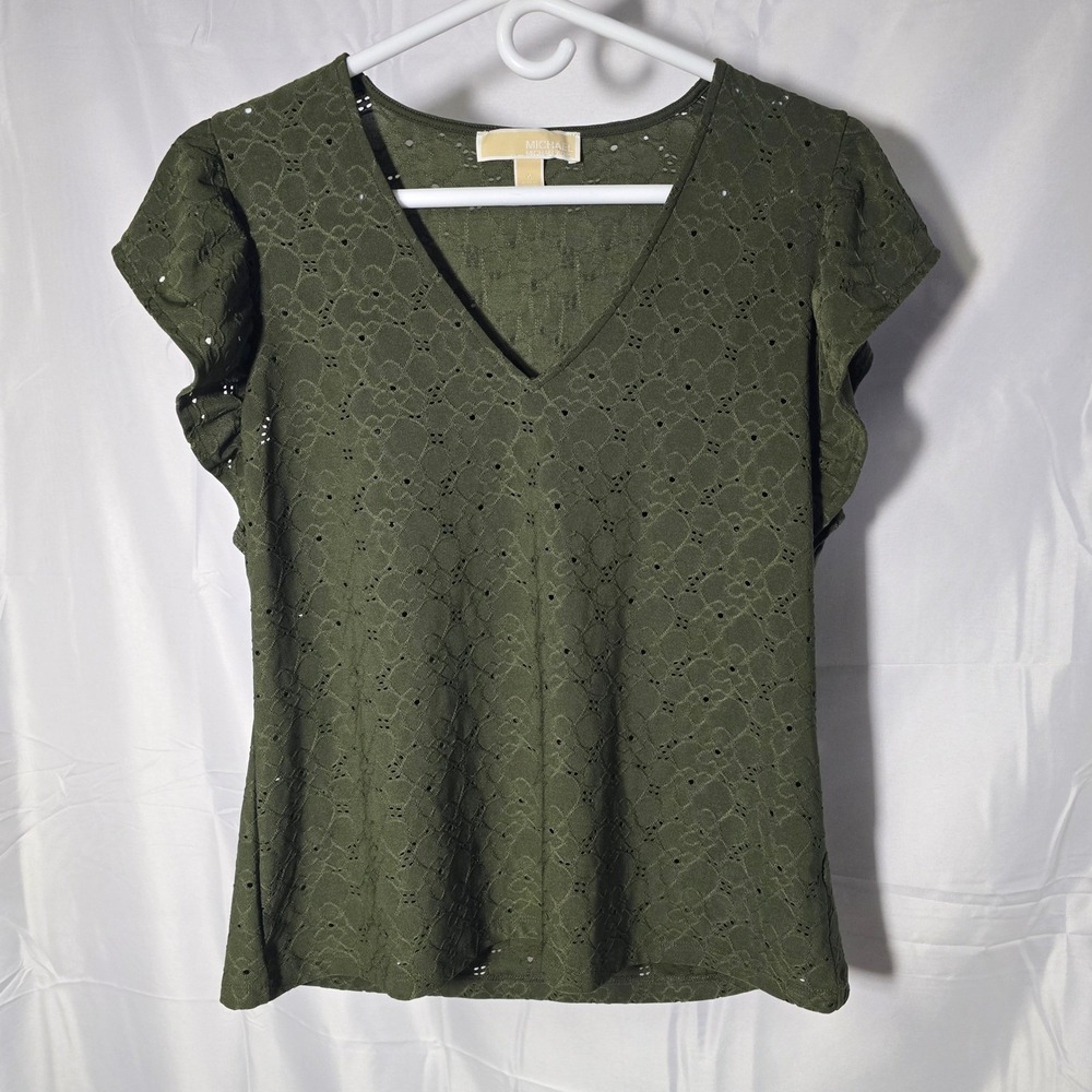 Michael‎ Kors Olive Green Eyelet Lace dainty Flutter cottage Top Blouse M